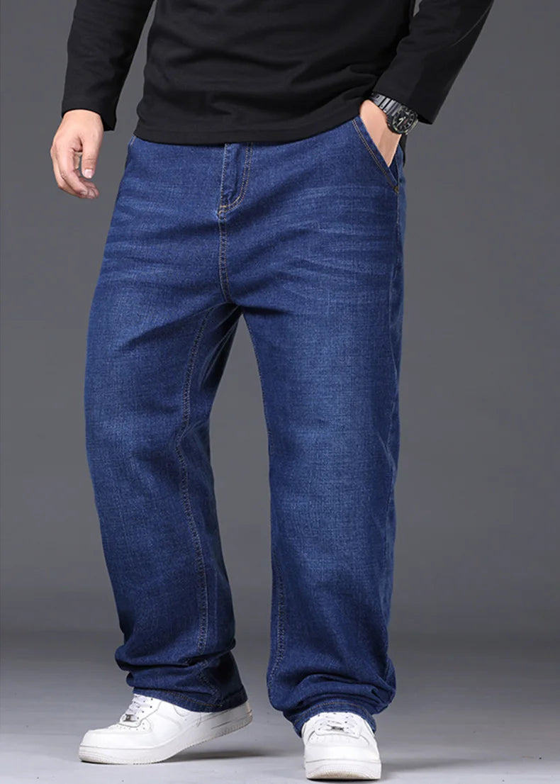 34-50 Sizes Men's Stretch Jeans Straight Leg Denim Pants Extended Sizing Blue/Black Streetwear Relaxed Fit for Work & Casual