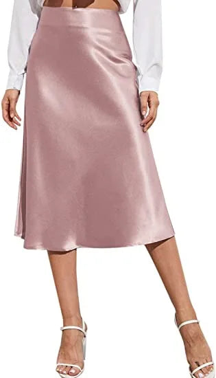 Elegant Women's High Waist Midi A-line Skirt Solid Color Satin Zipper