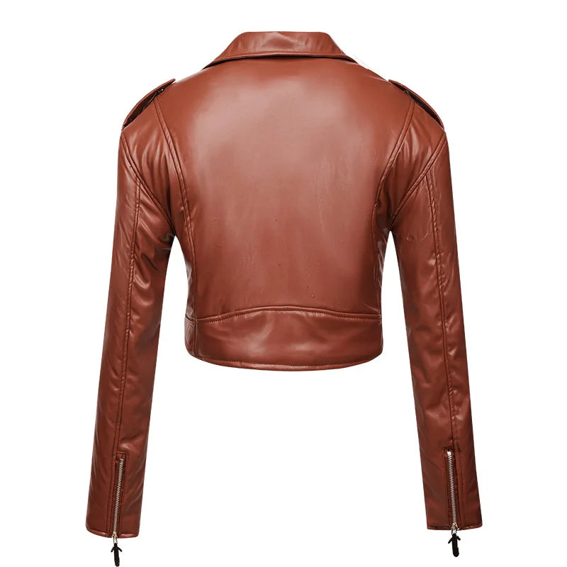 Women slim short PU leather jacket plus cotton high waist long sleeve lapel