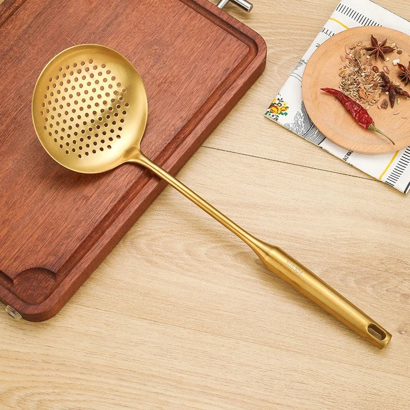 1/7Pcs Stainless Steel Kitchenware - Gold Soup Spoon Noodle Colander Hot Pot Spoon Rice Spoon Kitchen Cooking Frying Tool