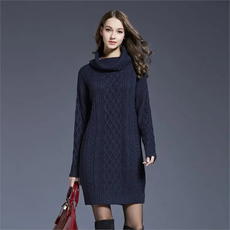 Warm Knitted Comfortable Casual Collar Pullover Sweater Long Sleeved Dress