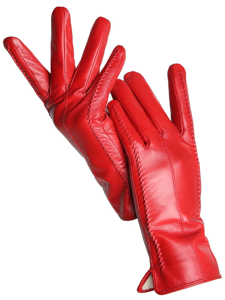 Women's Leather winter warm gloves with velvet thin touch screen