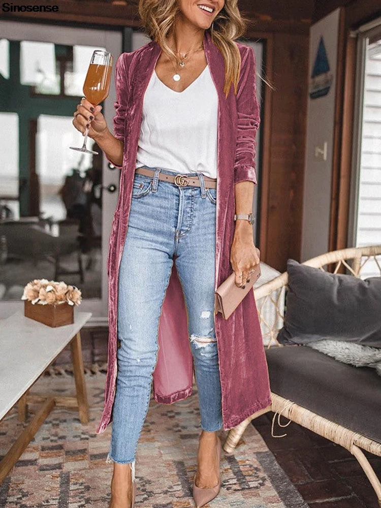 Women Solid Long Sleeve Velvet Jacket With Pockets