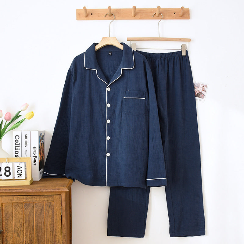 Spring and Autumn Couple Pajamas Set 100%Cotton Crepe Long Sleeve Pants Two Piece Men's and Women's Large Size