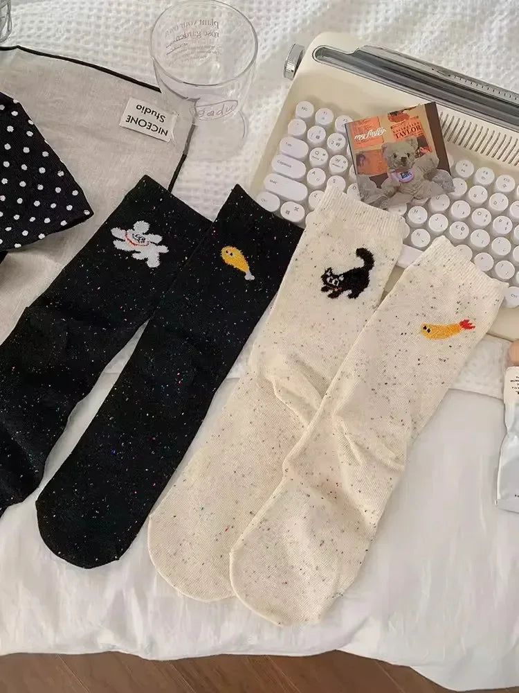 1/2pairs Cartoon Cat Fish Pattern Middle Tube Socks Soft Thermal Warm Crew Sock