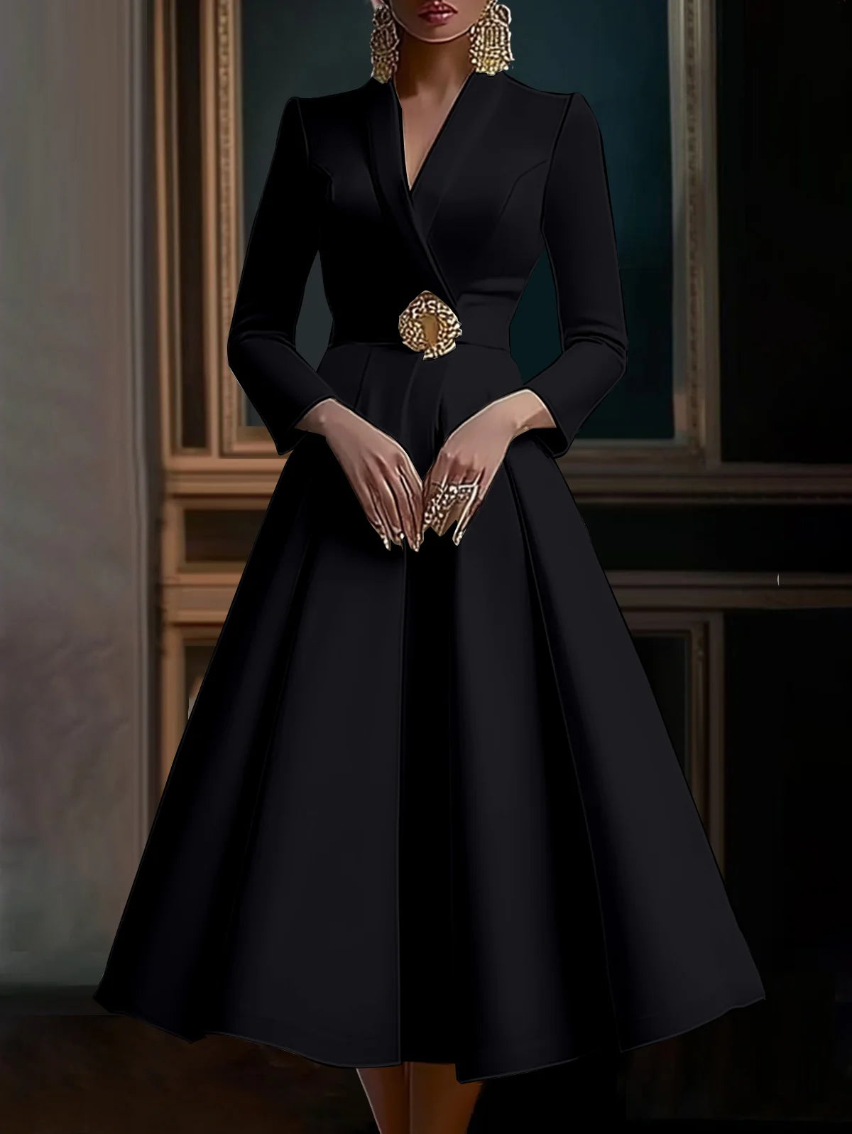 Elegant Evening Women's Party Dress Wrap V Neck Long Sleeve Pleated Midi Dress