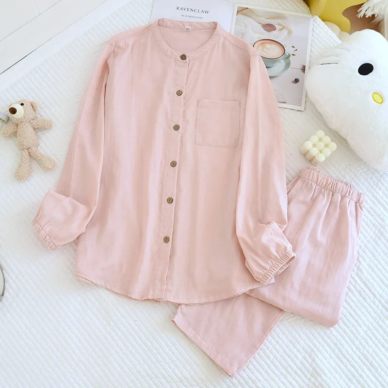 Spring/Summer Women Men Pajama Set 100% Cotton Long Sleeve Long & Pants Two Piece