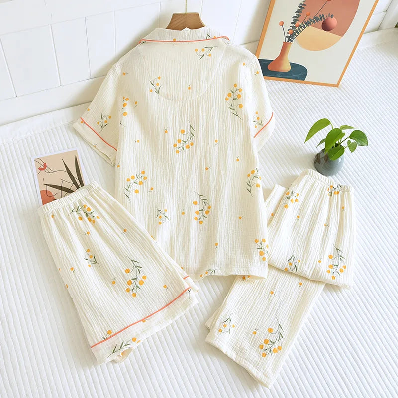 Summer women's cotton crepe three-piece short sleeve + shorts + trousers large size simple flower pajamas