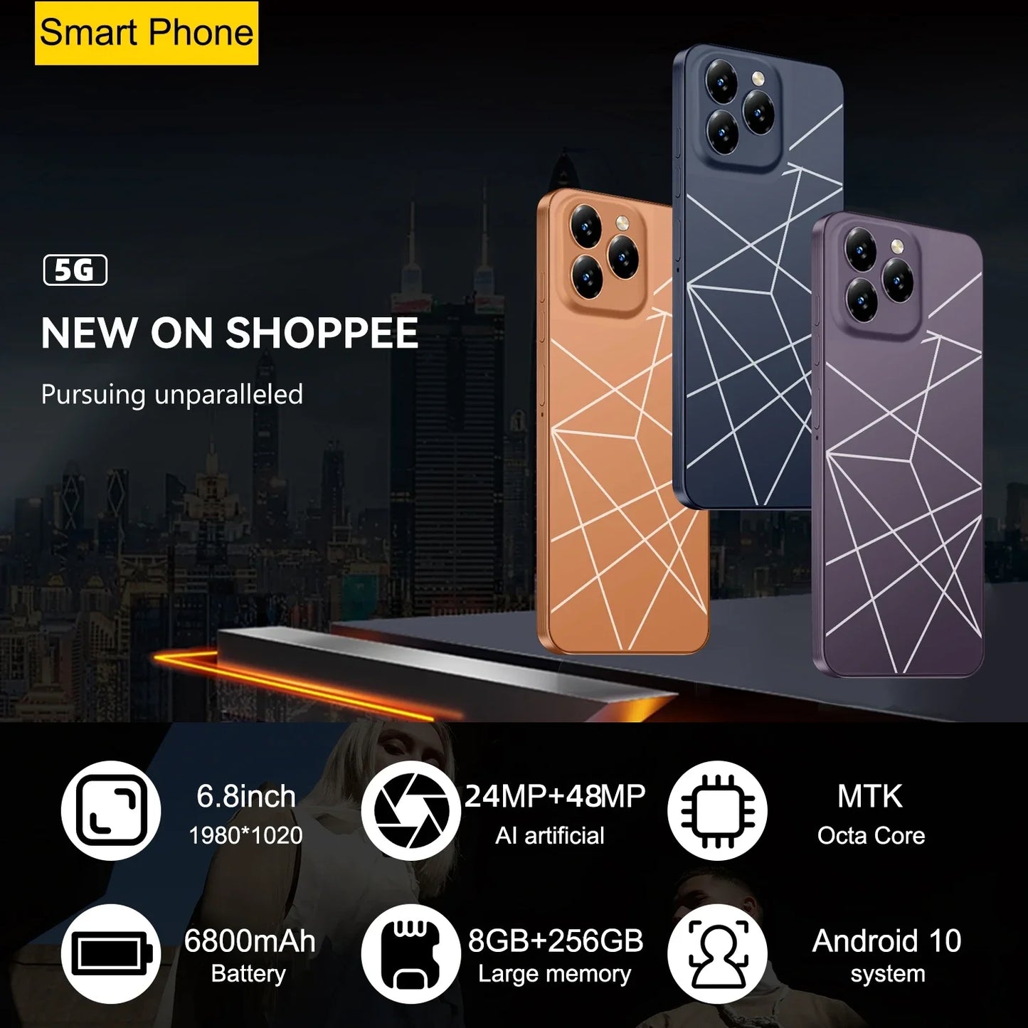 Global Version I16 Pro Max Smartphone Android,6.8'',12GB RAM 512GB ROM,Dual SIM,Mobile phones,Google Play Store,24+48MP,6800mAh