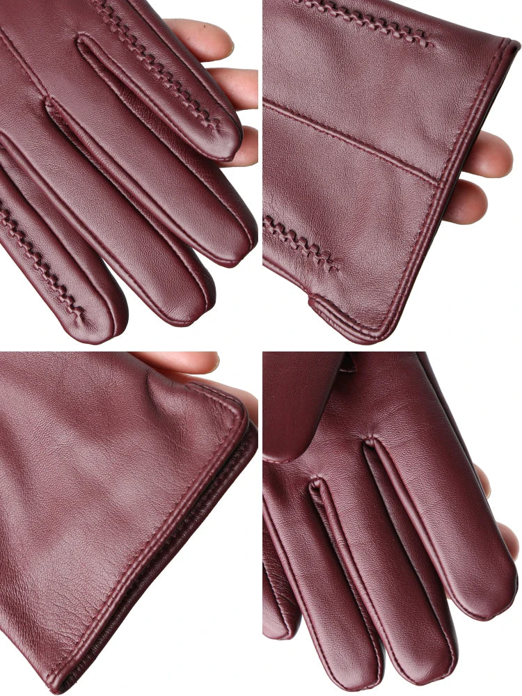 Women's Leather winter warm gloves with velvet thin touch screen