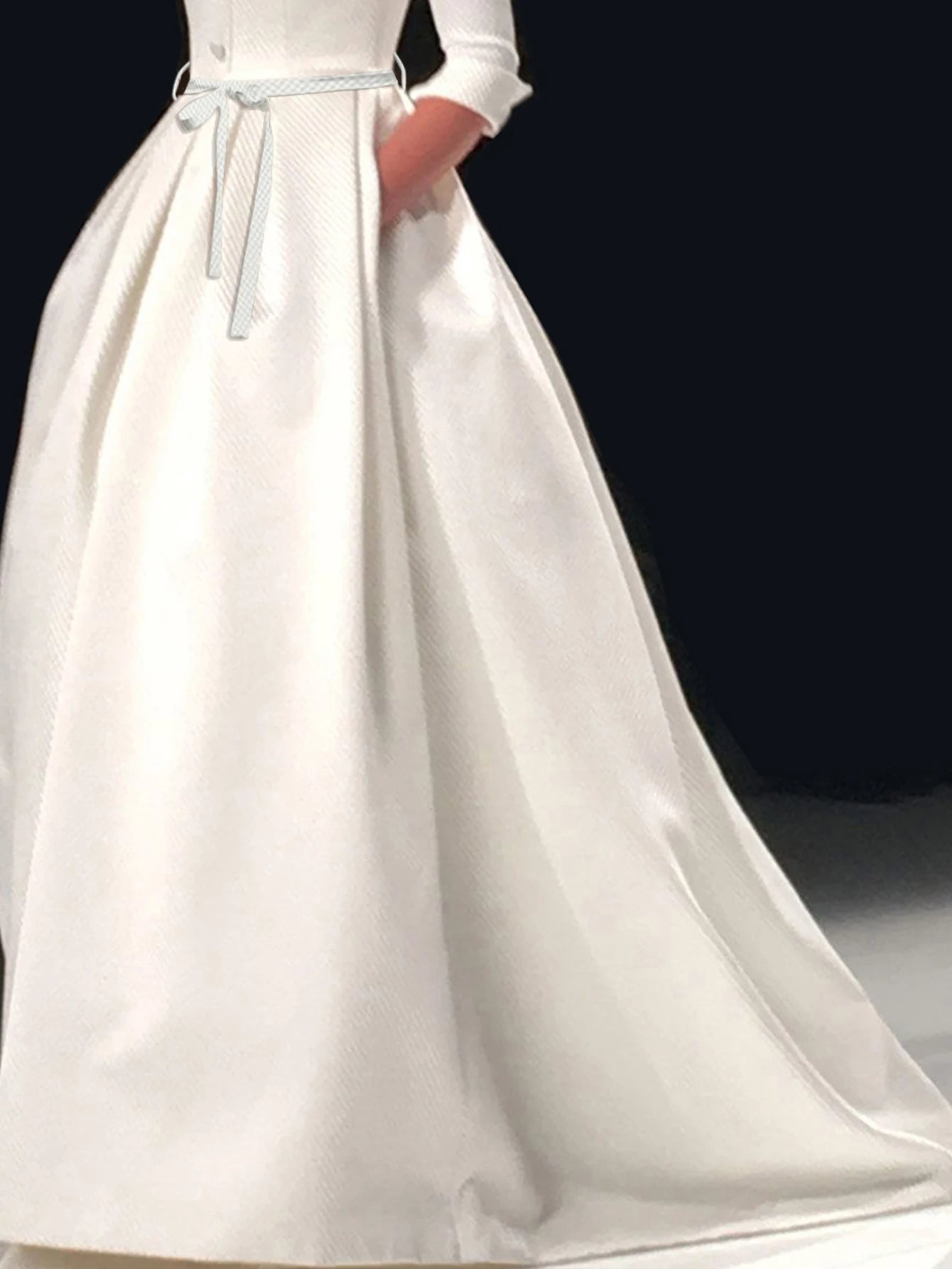 Elegant Women Wedding Guest Long Dress Long Sleeve Stand Collar White A-Line Pleated with Belt