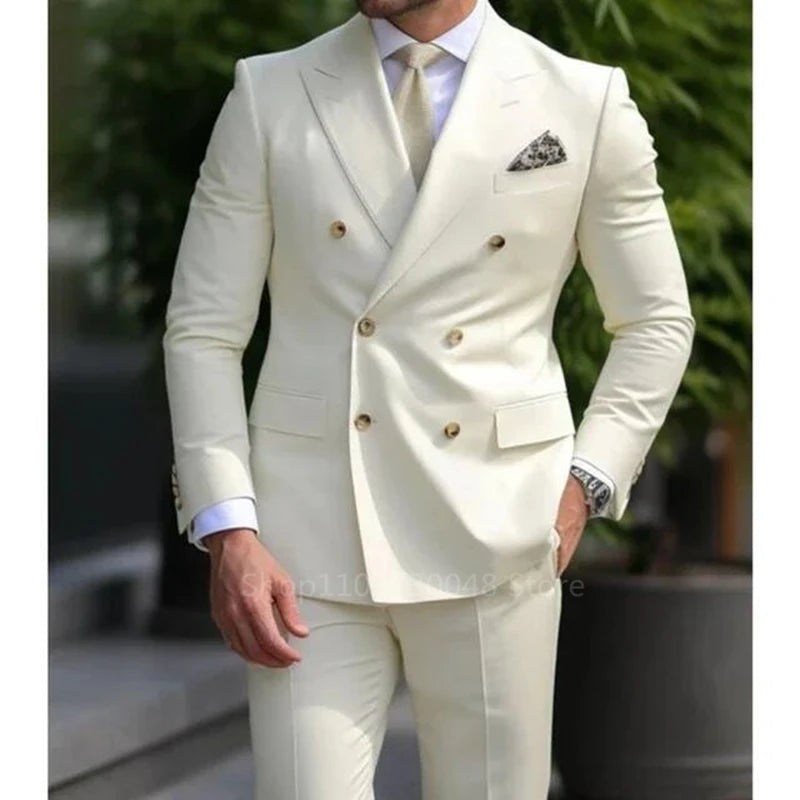 Solid 2 Pieces Men Suits Set Formal Business/Wedding Groom Suits Peak Lapel Double Breasted Blazer Trousers