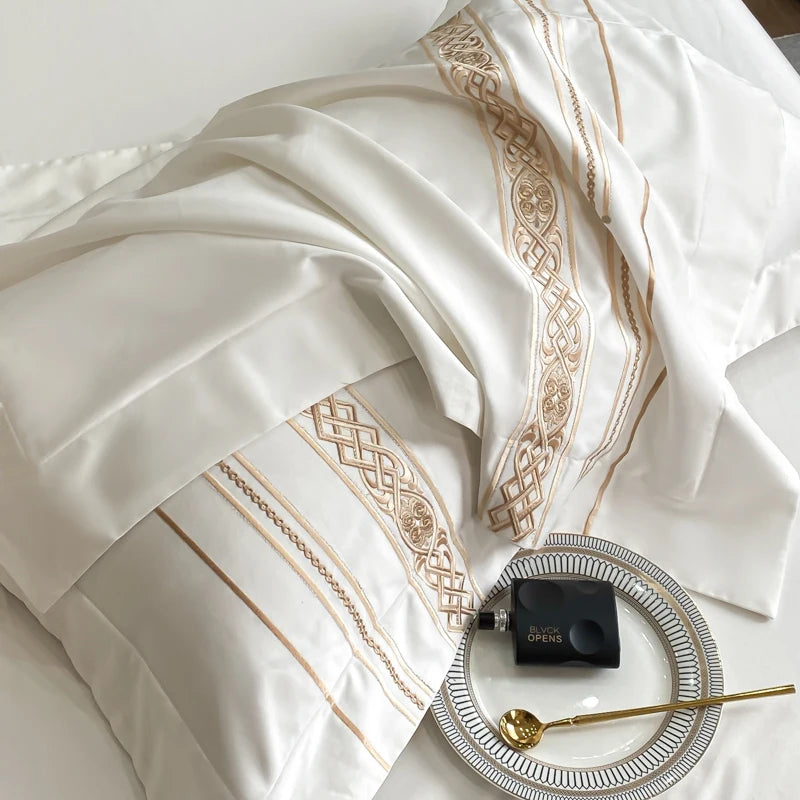 100% Egyptian Cotton Luxury Duvet Cover Set Gold Embroidery Hotel Style