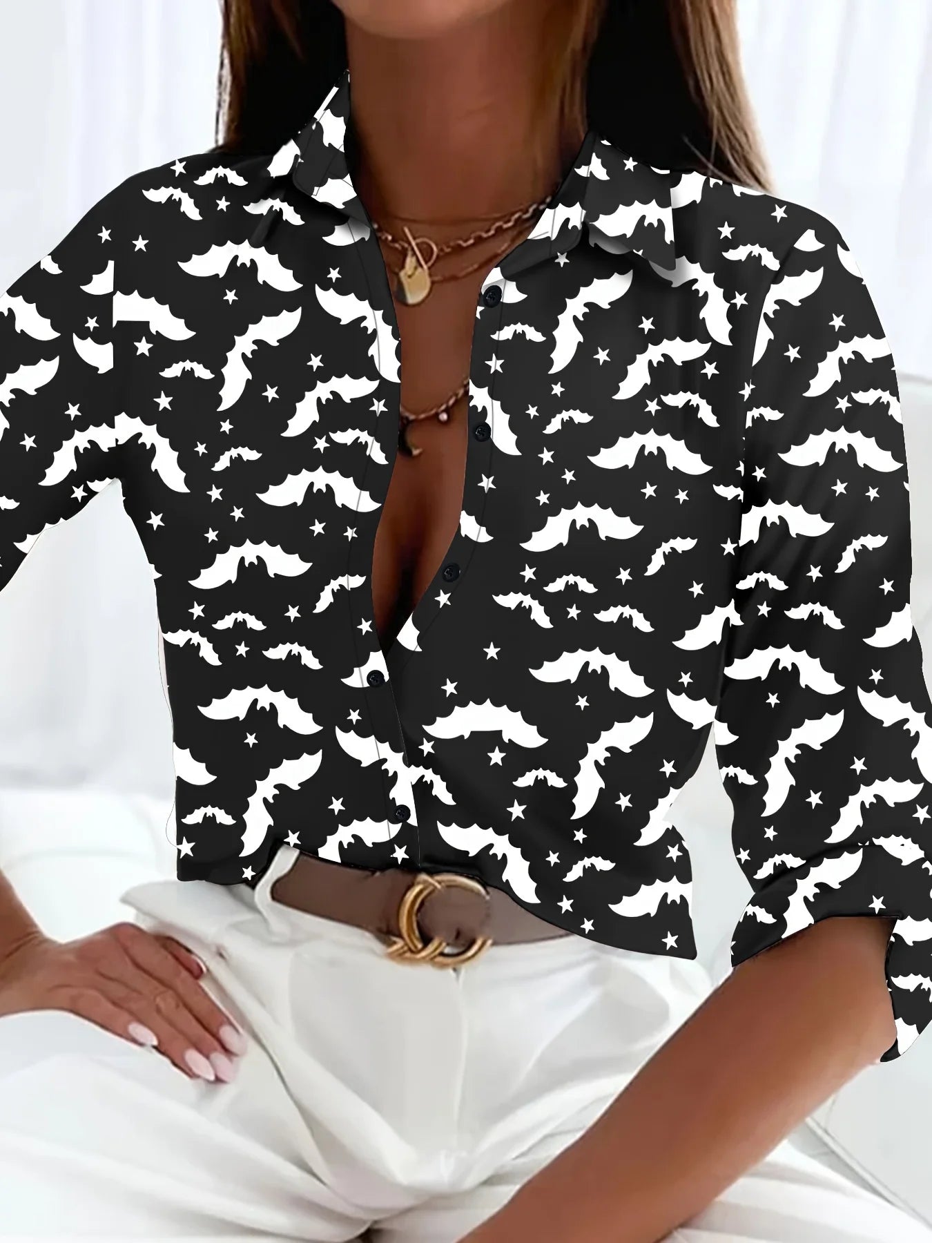 Elegant Printed Pattern Button Long Sleeve Women's Shirts