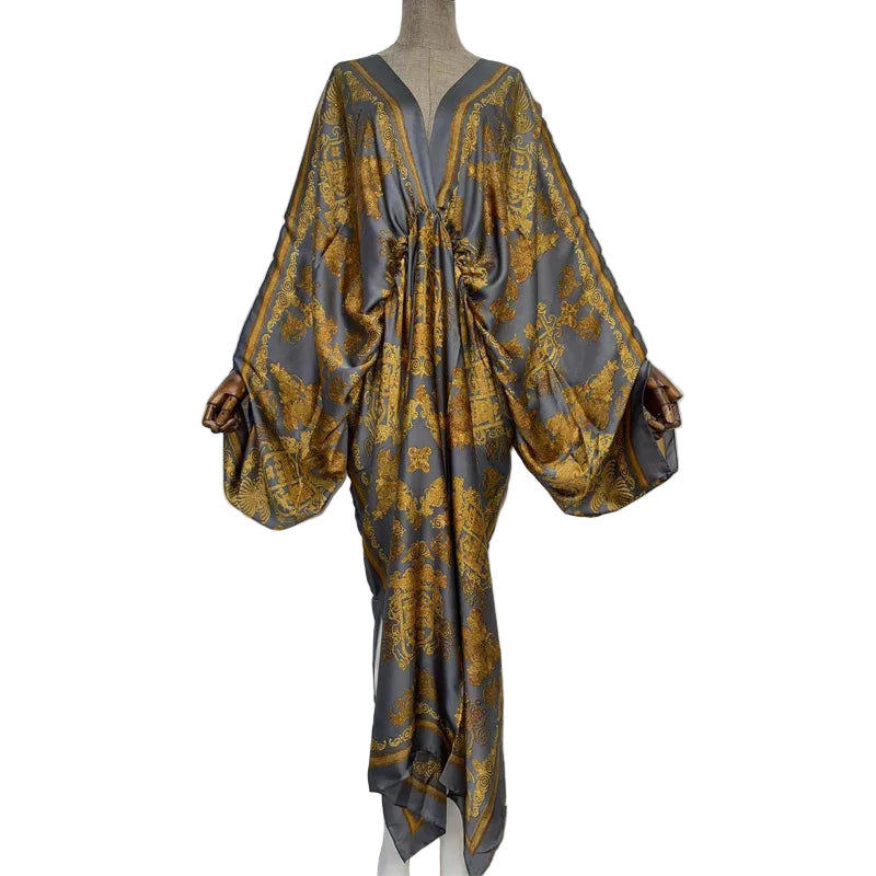 Sexy Silk Long Maxi Robe Women V-neck Bohemian Dress
