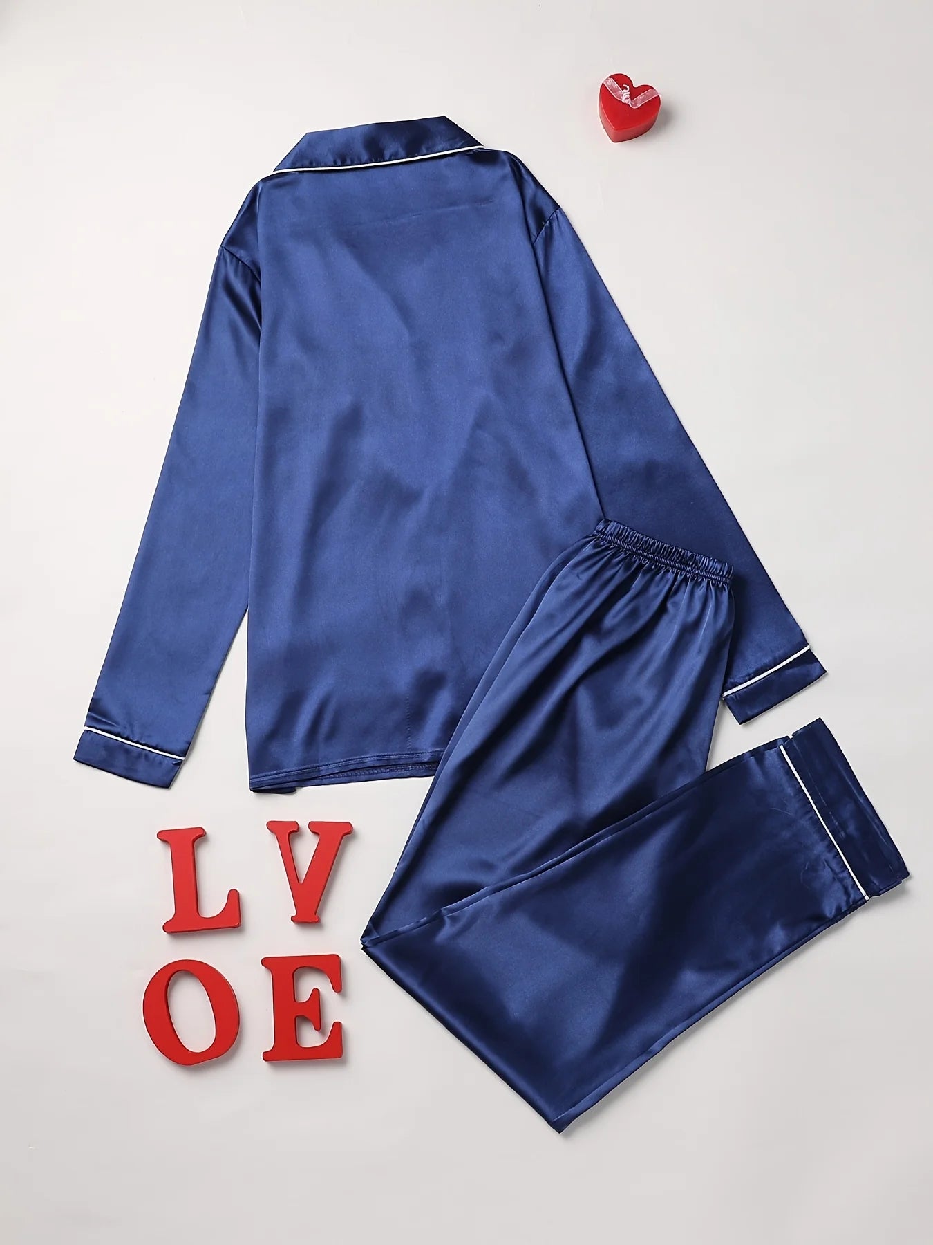 Women Solid Pajama Set Long Sleeve Button Up Lapel Top & Pants