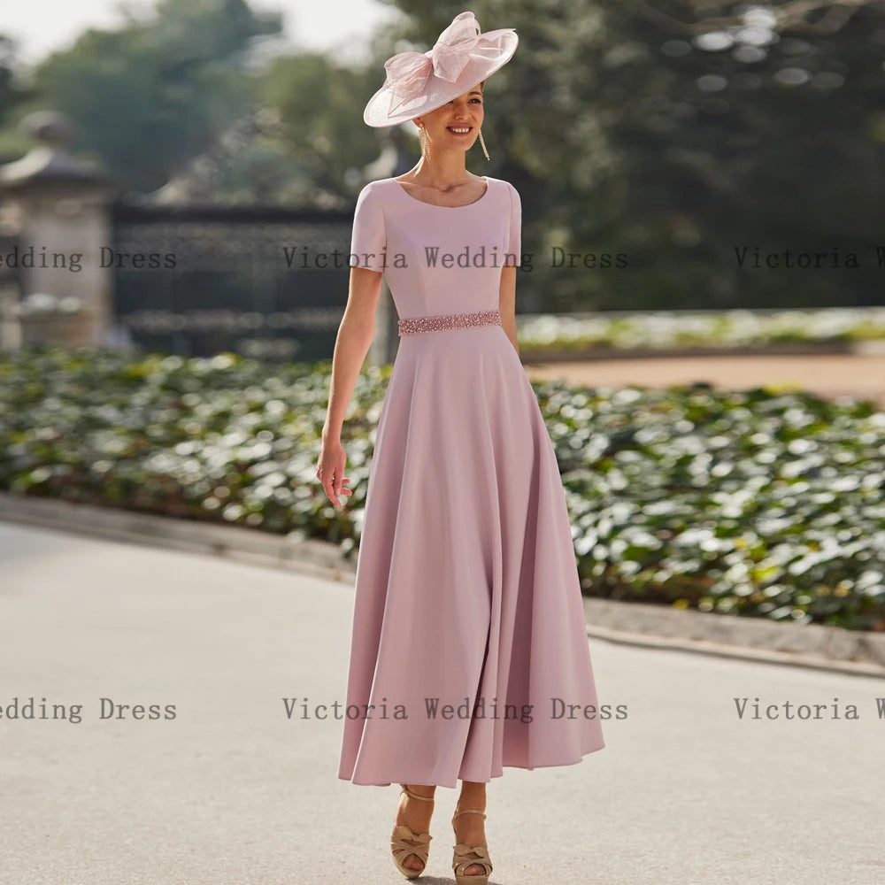 Elegant Pink Mother of the Bride Dresses O Neck 3/4 Sleeves Customized Wedding Party Gowns Beadings A-Line