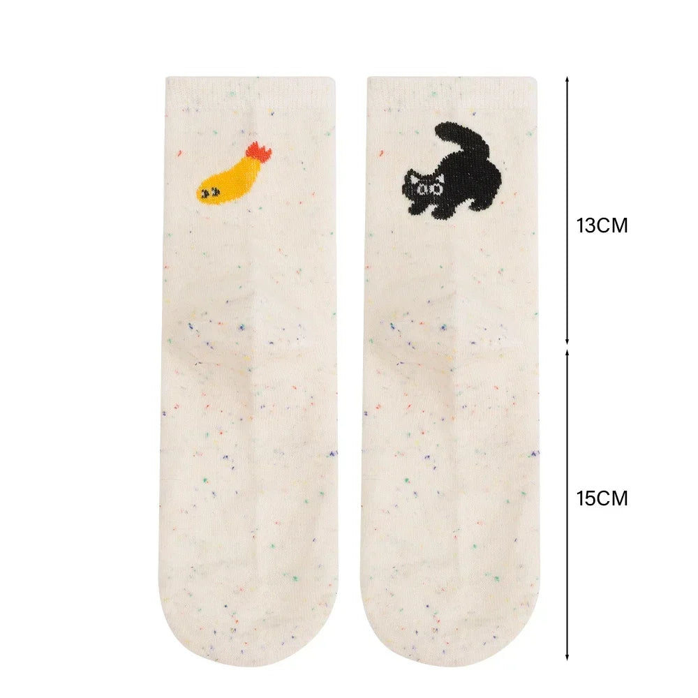 1/2pairs Cartoon Cat Fish Pattern Middle Tube Socks Soft Thermal Warm Crew Sock