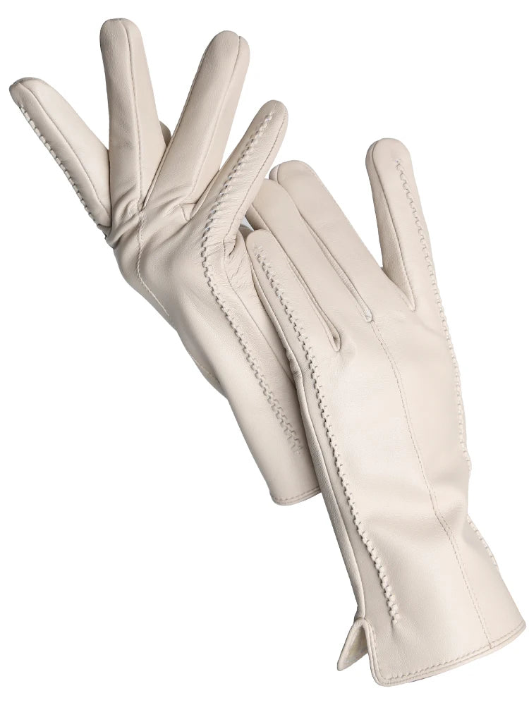 Women's Leather winter warm gloves with velvet thin touch screen