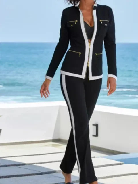 Women Two Piece Sets Zipper Jacket Straight Pants Set