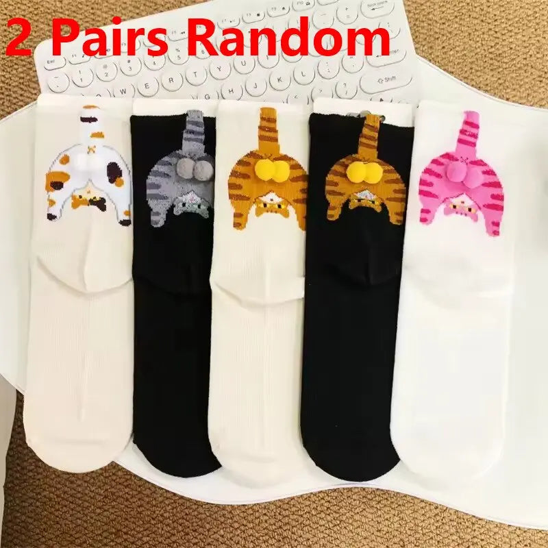 2 Pairs/5 Pairs Autumn Winter New Funny Cat Print Loose Socks Women Girls Comfortable Mid-Calf Socks