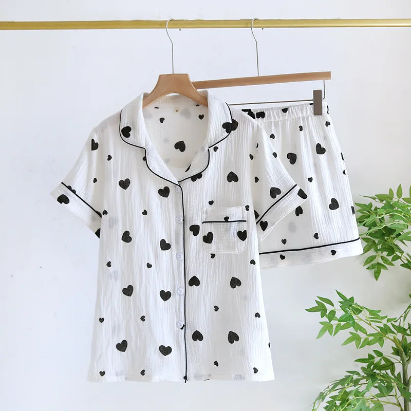 Summer pajamas short-sleeved shorts two-piece cotton crepe