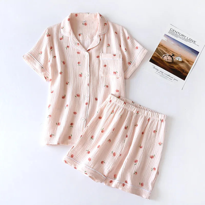 Summer pajamas short-sleeved shorts two-piece cotton crepe