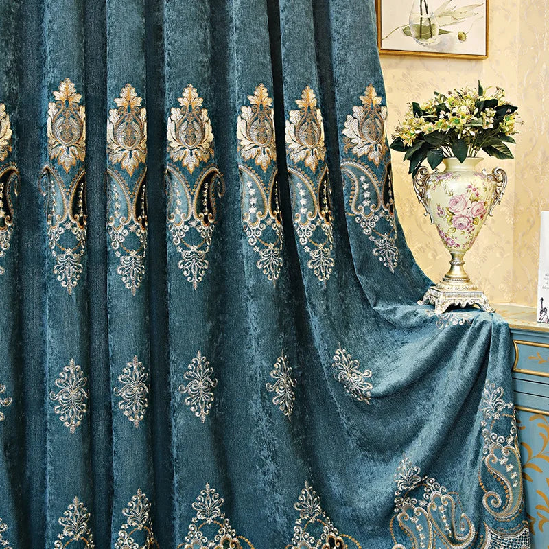 Thickened Blue Embroidery Chenille Shading Curtains for Living Room Bedroom Partition Curtain