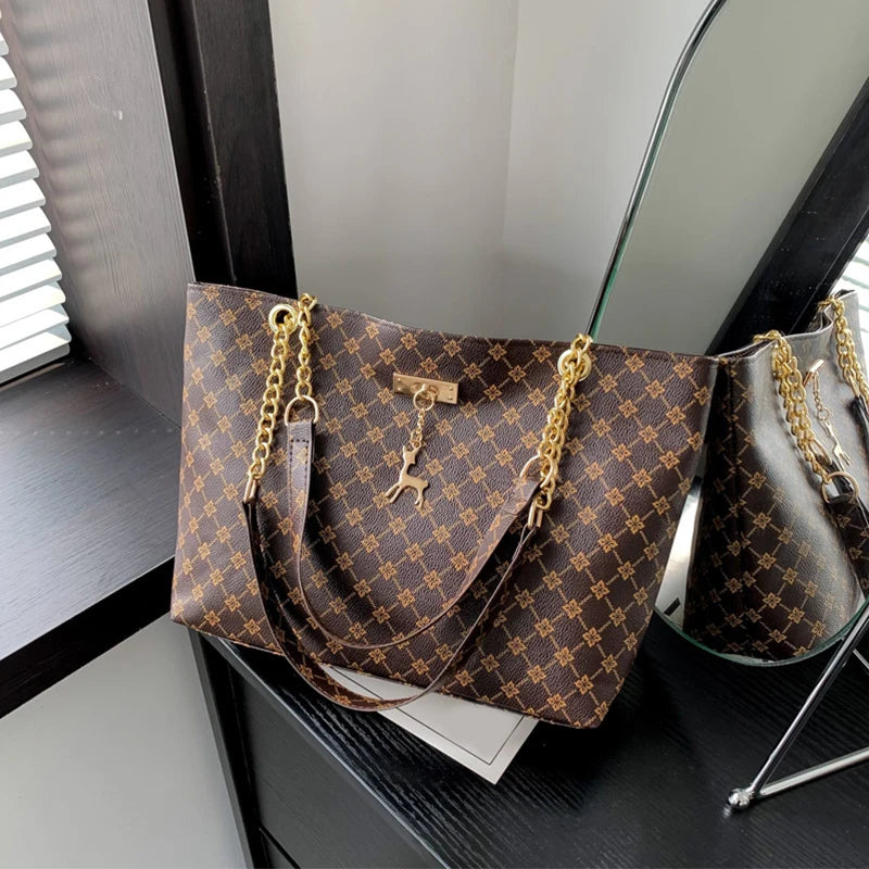 Women Soft Leather Large Capacity Tote Handbag With Hanging Accessories Shoulder Bag