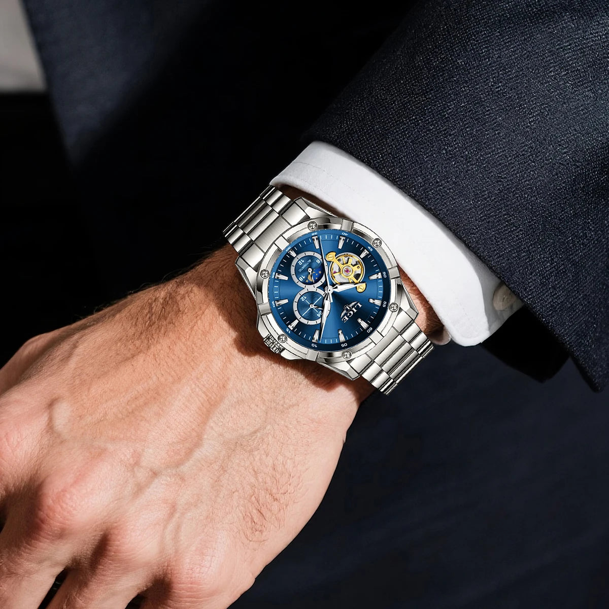 Luxury 24-Hours Moon Phase Automatic Movement Stainless Steel Band Men's Watches