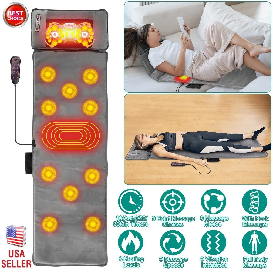 Full Body Electric Massage Mat with Heat Vibration Cushion Back Massage Mattress Chair Pad with Neck Massage Pillow