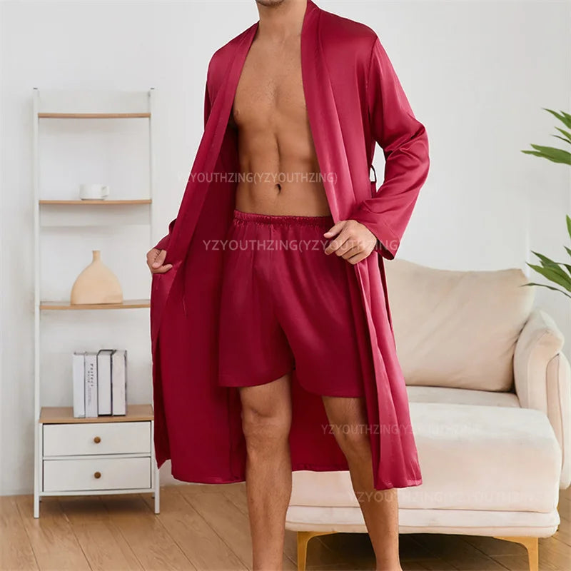 Solid Color Sleep Wear Set Men Silky Nightwear Kimono