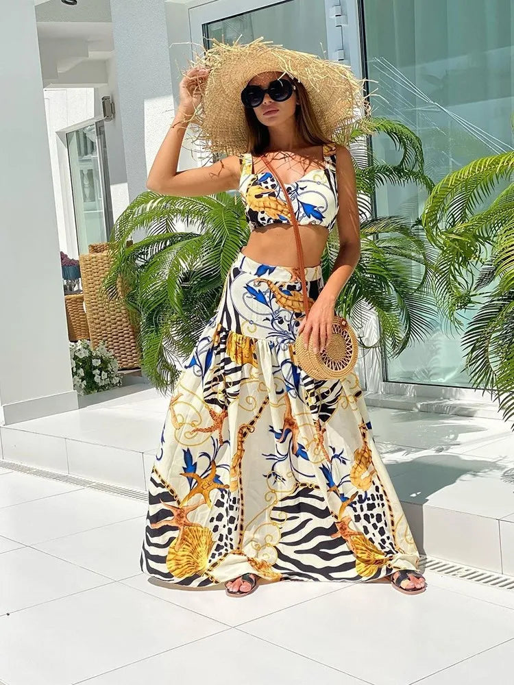Bohemian Summer Style Two Piece Print A-Line Skirt & Camisole