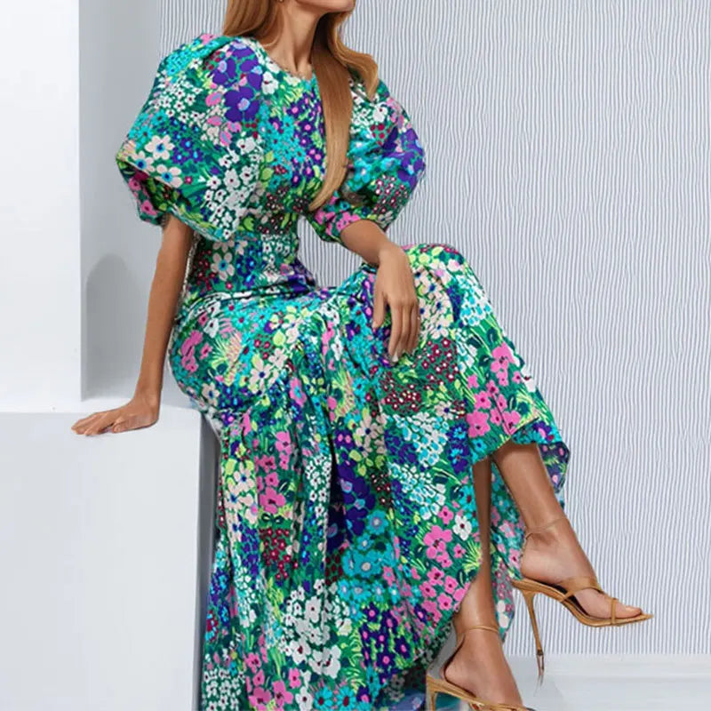 Elegant Blue Flower Print Lantern Sleeve Ankle Summer Fishtail Dress