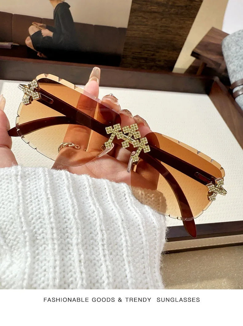 Vintage Rimless Square Cutting Lens Women Men Luxury Brand Designer Sunglasses Popular Punk Diamond Cross Sun Glasses UV400