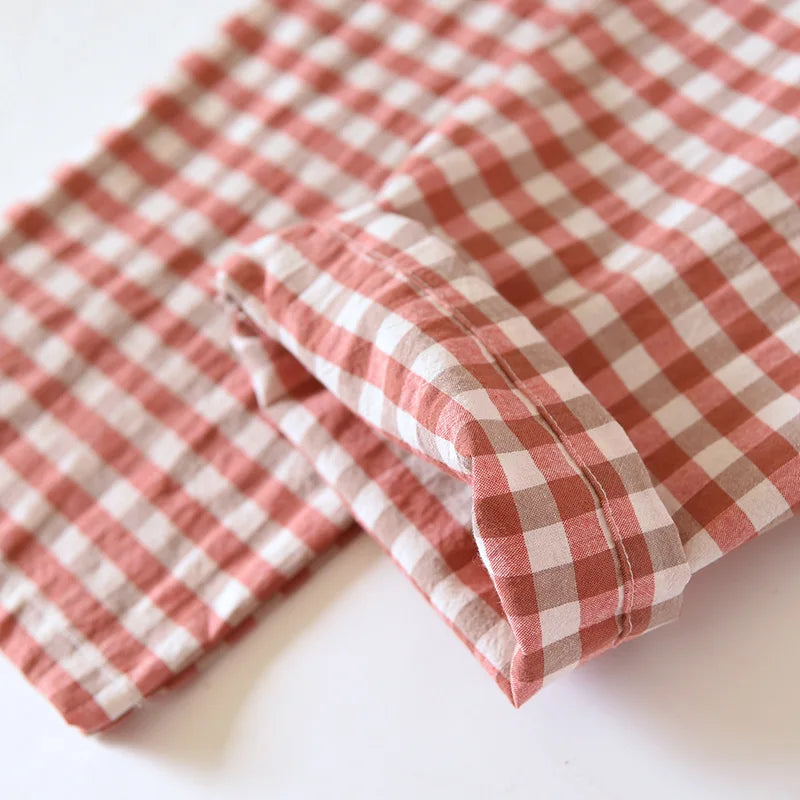 Spring and Autumn Unisex Pajama Set 100% Cotton Men's and Women's Plaid Long Sleeved Two Piece