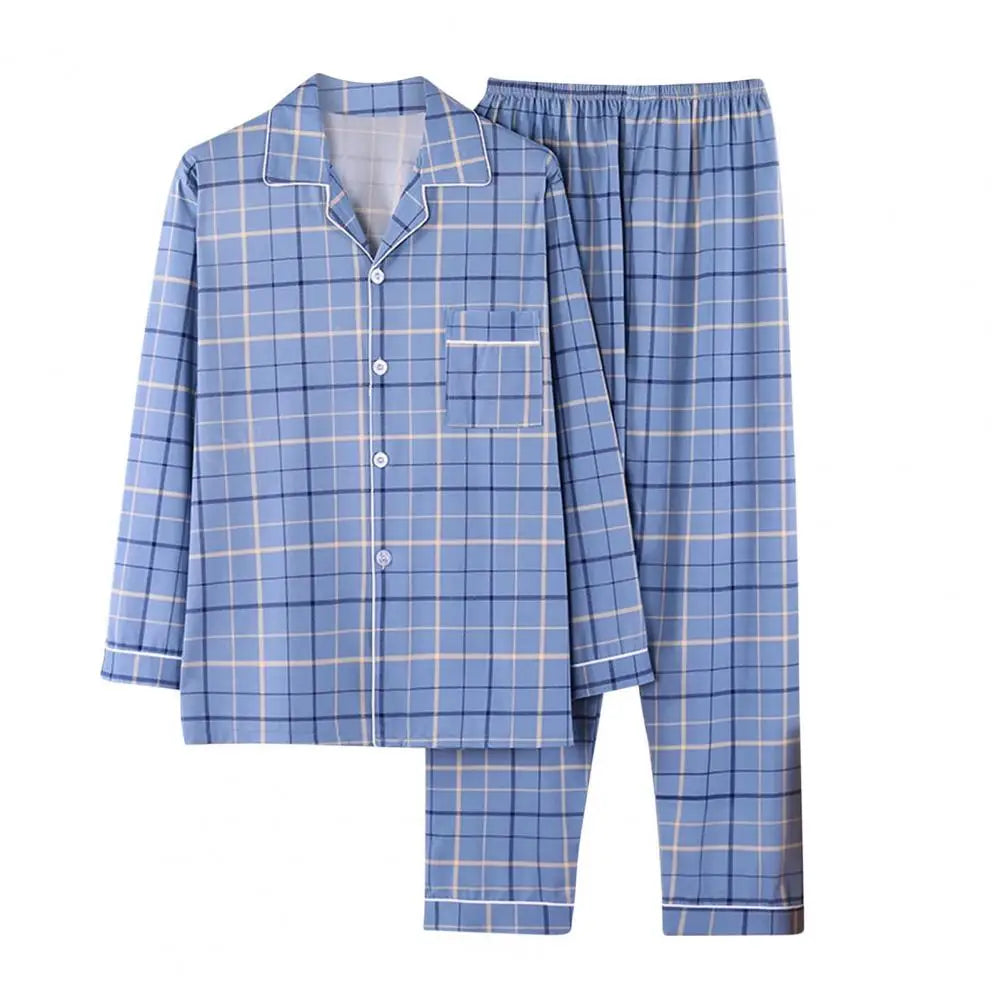 2Pcs Men Pajamas Set Lapel Long Sleeve Single Breasted Tops Elastic Waist Long Pants Comfortable Sleep Set Plaid Print Sleepwear