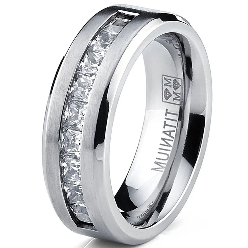 Silver Plated Stainless Steel Rings for Men Square Cubic Zircon