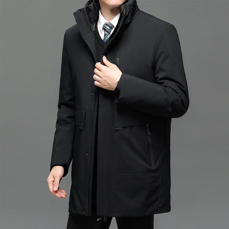 Men's Thick Winter Parka with Big Hood Warm Water/Windproof Casual Jacket White Duck down Filling Zip Closure Long Style
