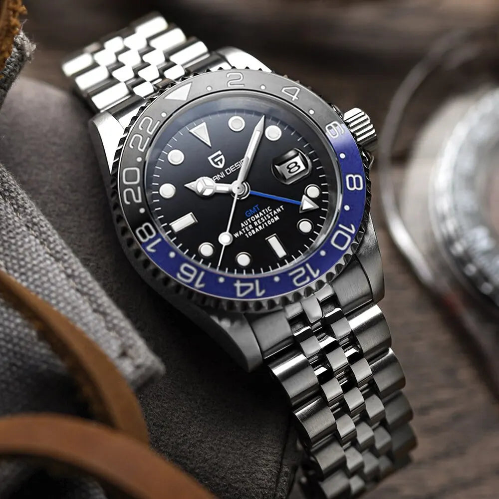 Luxury GMT Men's Mechanical Wristwatch Sapphire Glass Stainless Steel 100M Waterproof Automatic