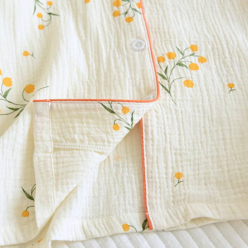 Summer women's cotton crepe three-piece short sleeve + shorts + trousers large size simple flower pajamas