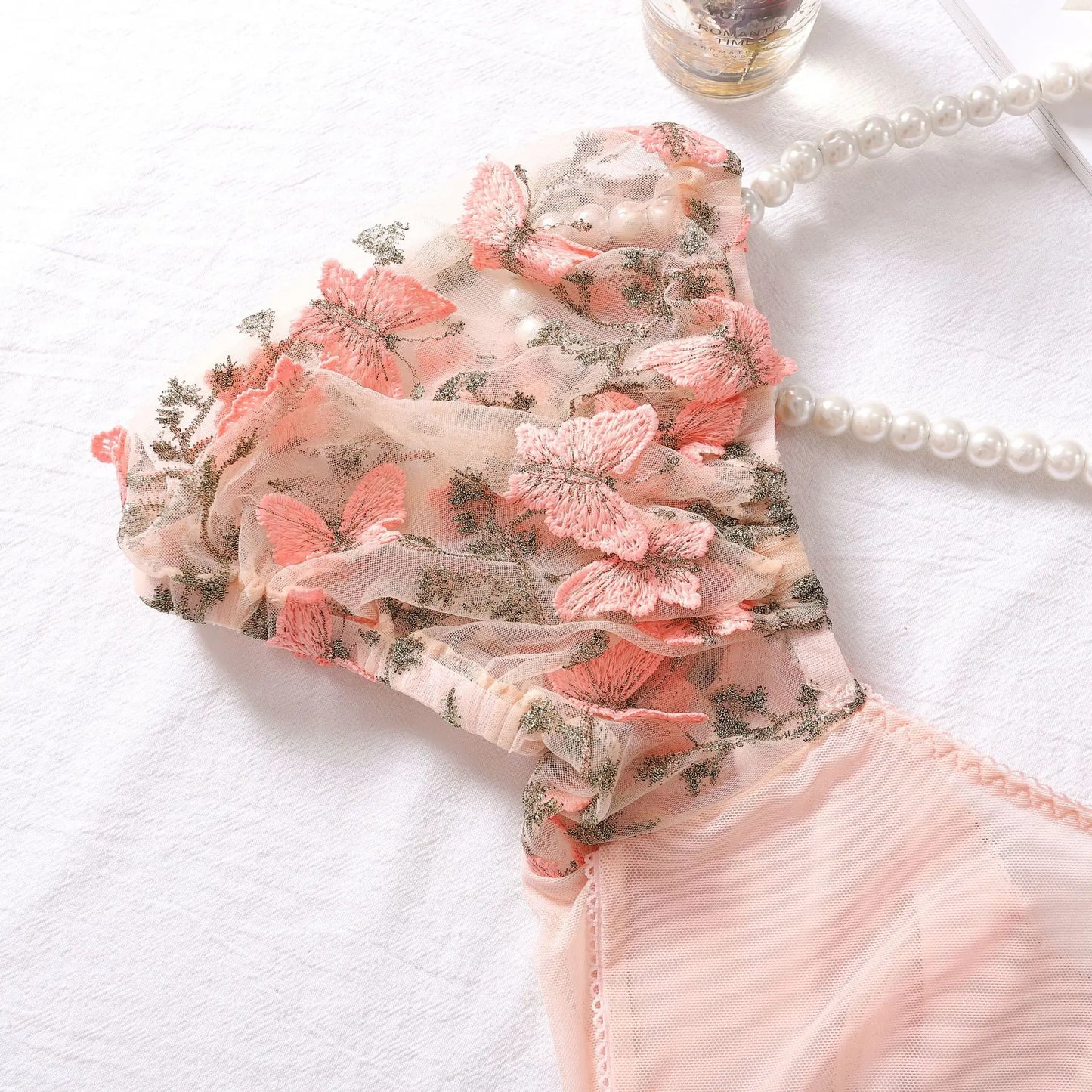 Women Sexy Sheer Lace-Up Puff Sleeves Floral Embroidery Two Piece Set