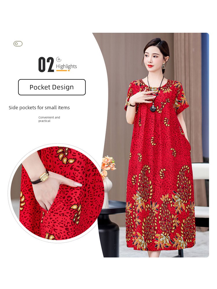 Noble over-the-Knee Middle-Aged Ladieswear Large Swing Noil Poplin Dress