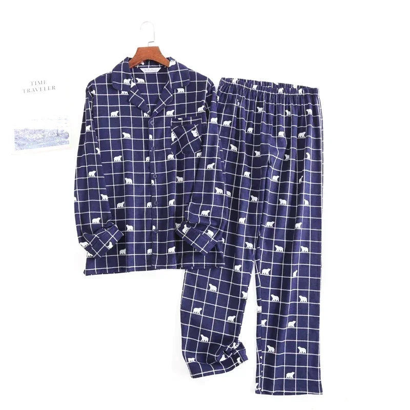 Plaid Design Multi Colors Warm Cotton Flannel Long-sleeved Trousers Pajamas Set for Men