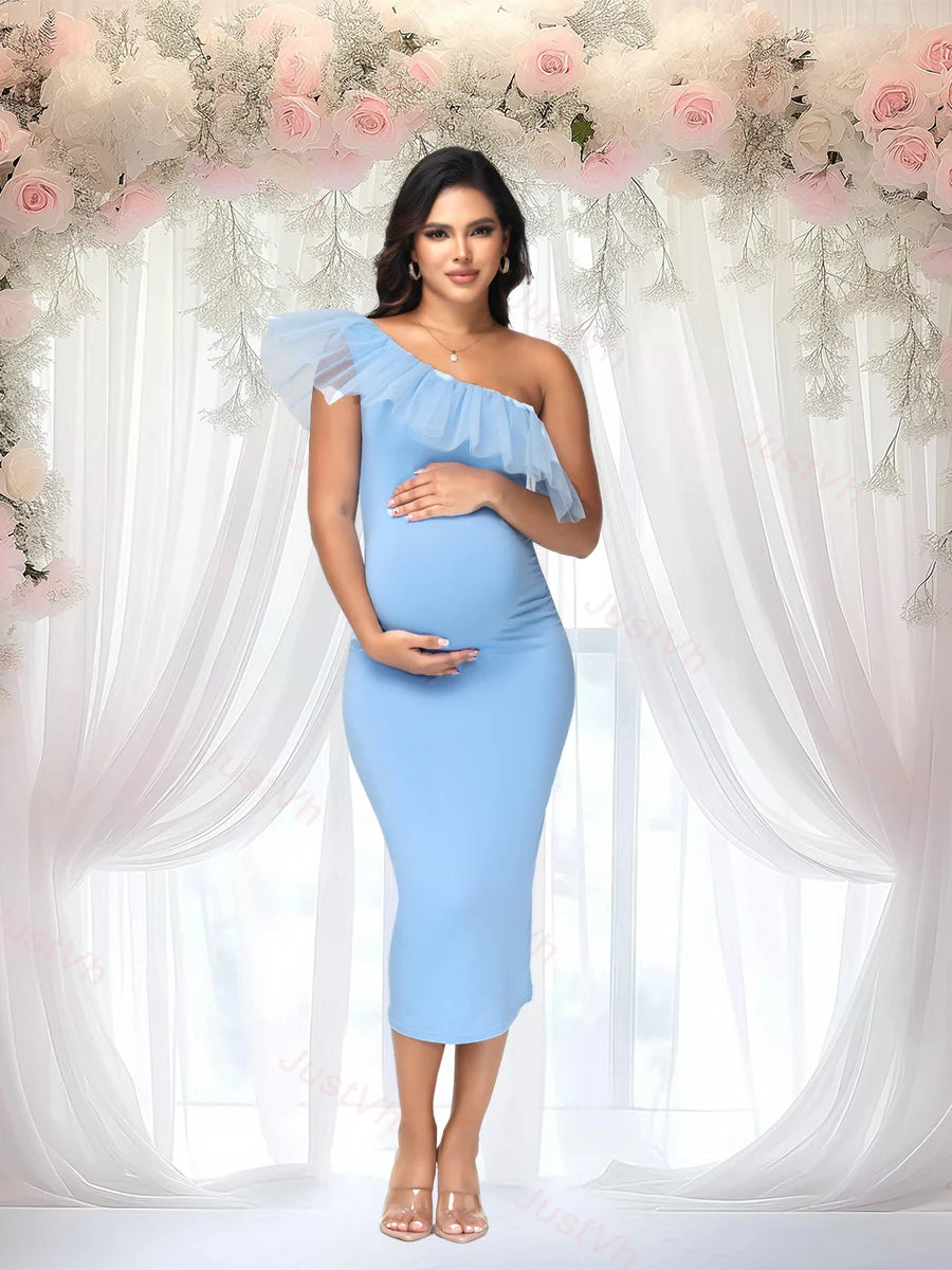 Maternity One-Shoulder Mesh Ruffled Collar Midi Dress for Party Baby Shower Photoshoot