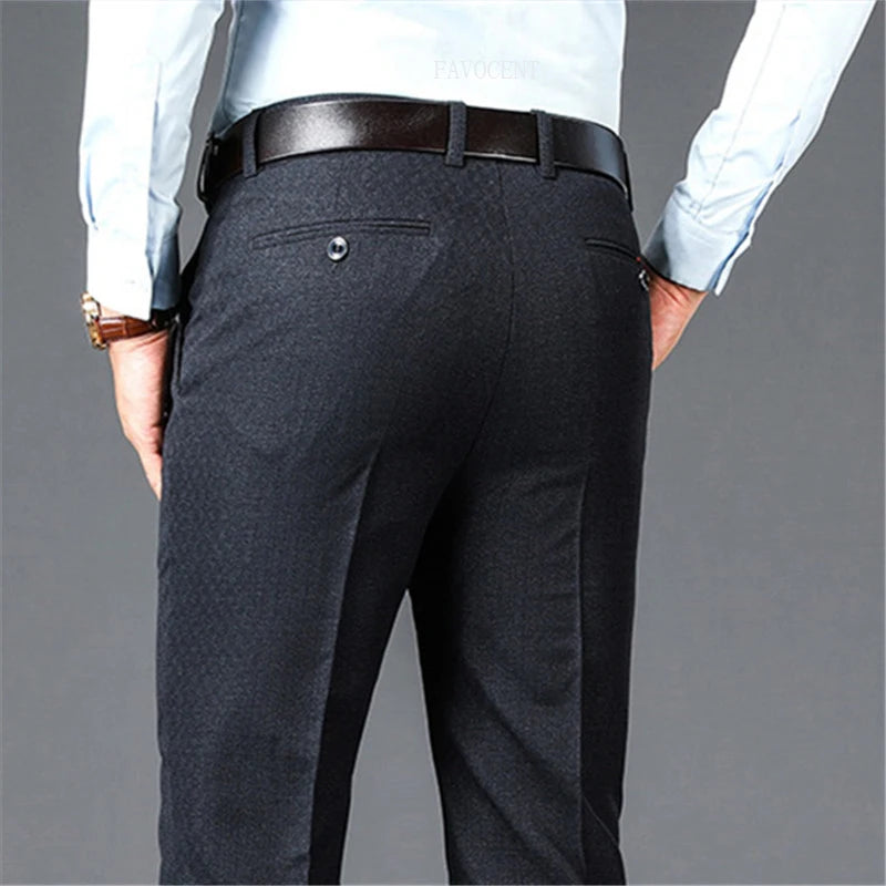 Business Men's Casual Suit Pants Solid High Waist Straight Classic Style Plus Size