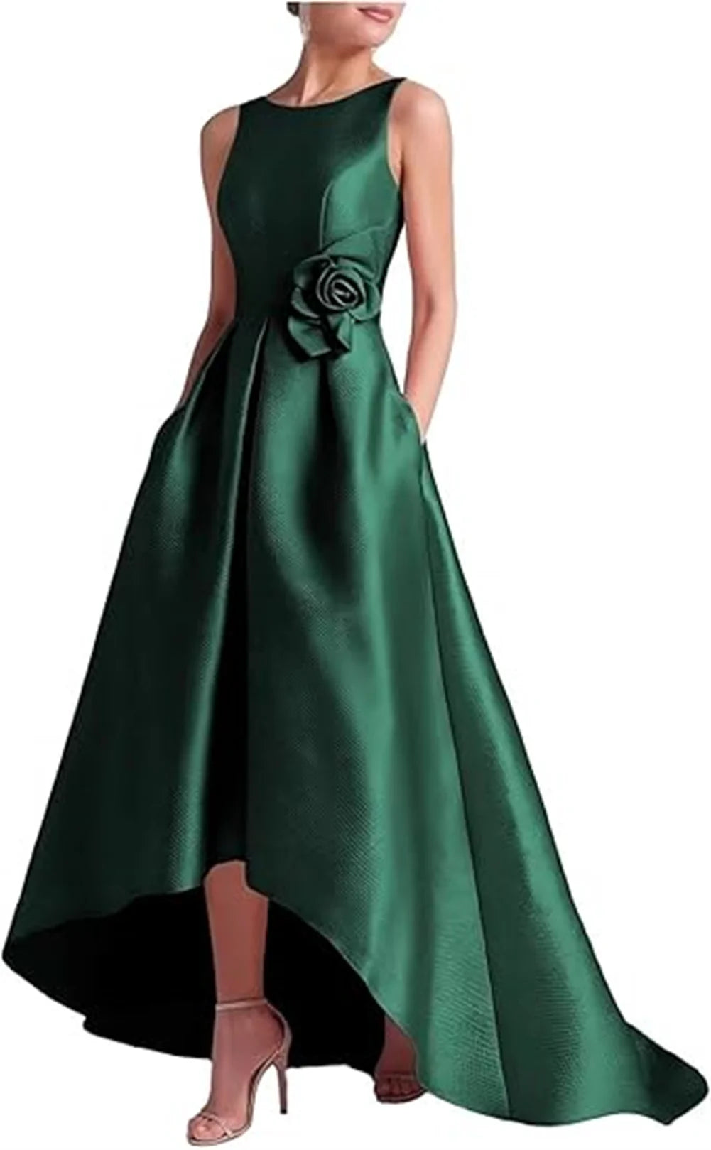 Customized High Low Satin Dresses Wedding Guest Mother of the Bride With Pocket Sleeveless Party Evening Gown