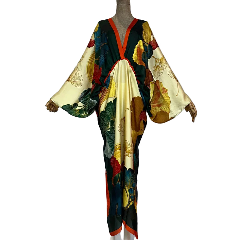 Sexy Silk Long Maxi Robe Women V-neck Bohemian Dress