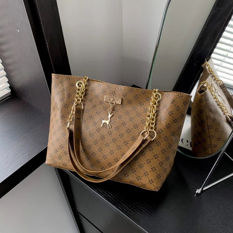 Women Soft Leather Large Capacity Tote Handbag With Hanging Accessories Shoulder Bag