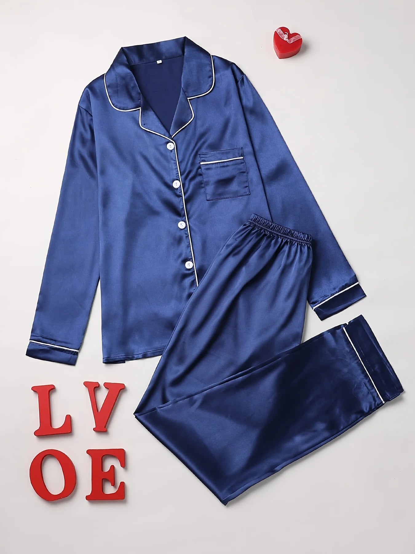 Women Solid Pajama Set Long Sleeve Button Up Lapel Top & Pants